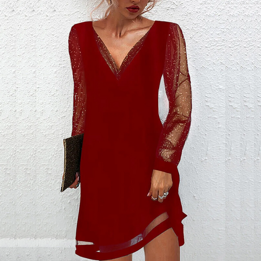 Women’s Party Dress – V-Neck with Shimmering Sleeves