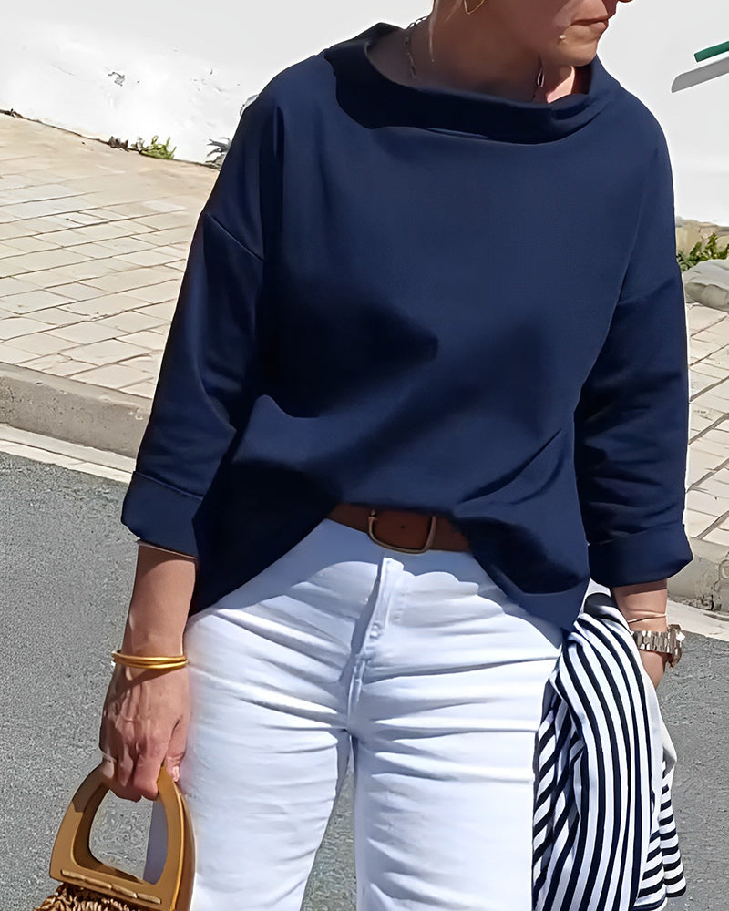 Women’s Fold-Over Neck Blouse – Relaxed Three-Quarter Sleeve Style for Office and Everyday Wear