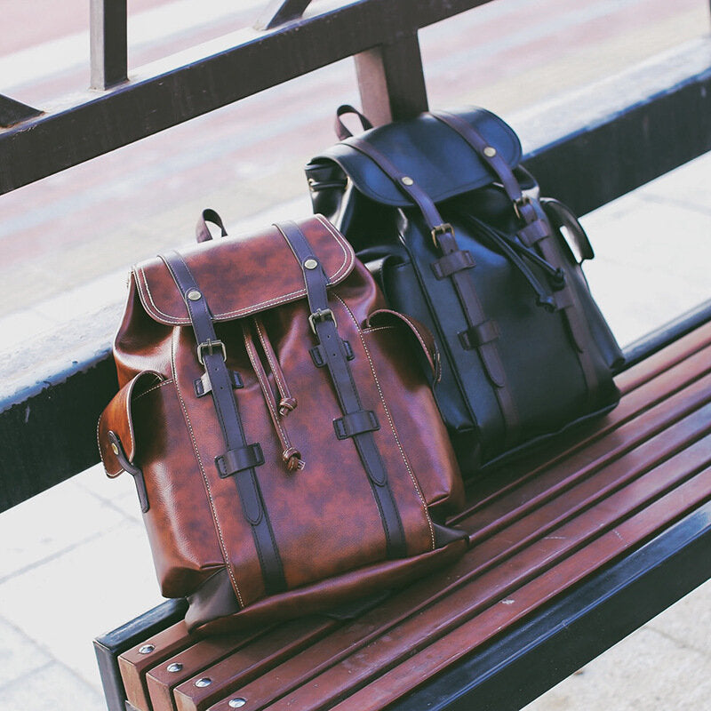 Unisex Vintage Faux-Leather Backpack – Drawstring Travel Bag with Flap Straps and Side Pockets