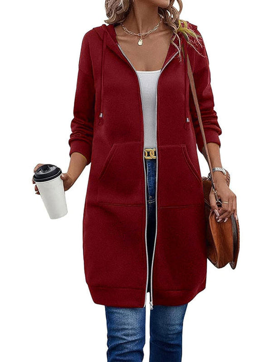Women’s Longline Zip Hoodie – Knee-Length Brushed Hoodie with Drawcord