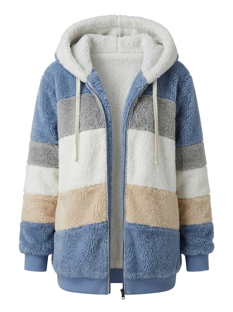 Women’s Colour-Block Teddy Fleece Hooded Jacket – Warm Zip-Up Layer for Winter