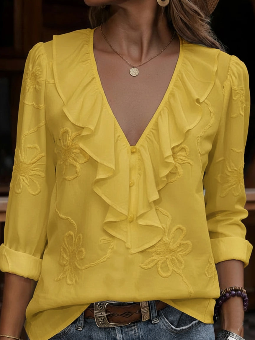 Women’s Ruffle Blouse – V-Neck Blouse with Tonal Floral Embroidery