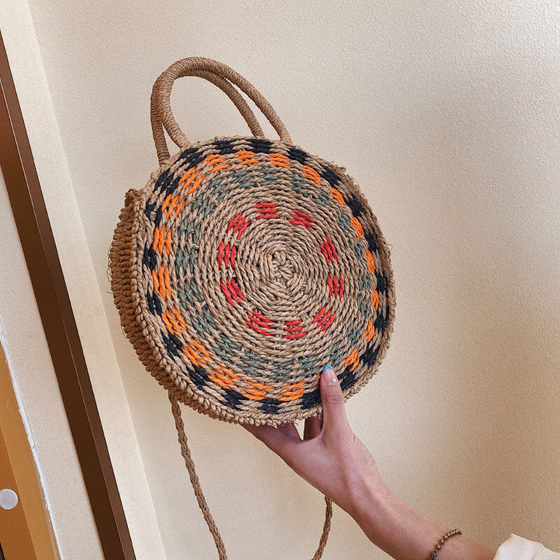 Women’s Woven Round Straw Handbag – Patterned Summer Carry Bag with Rope Handles