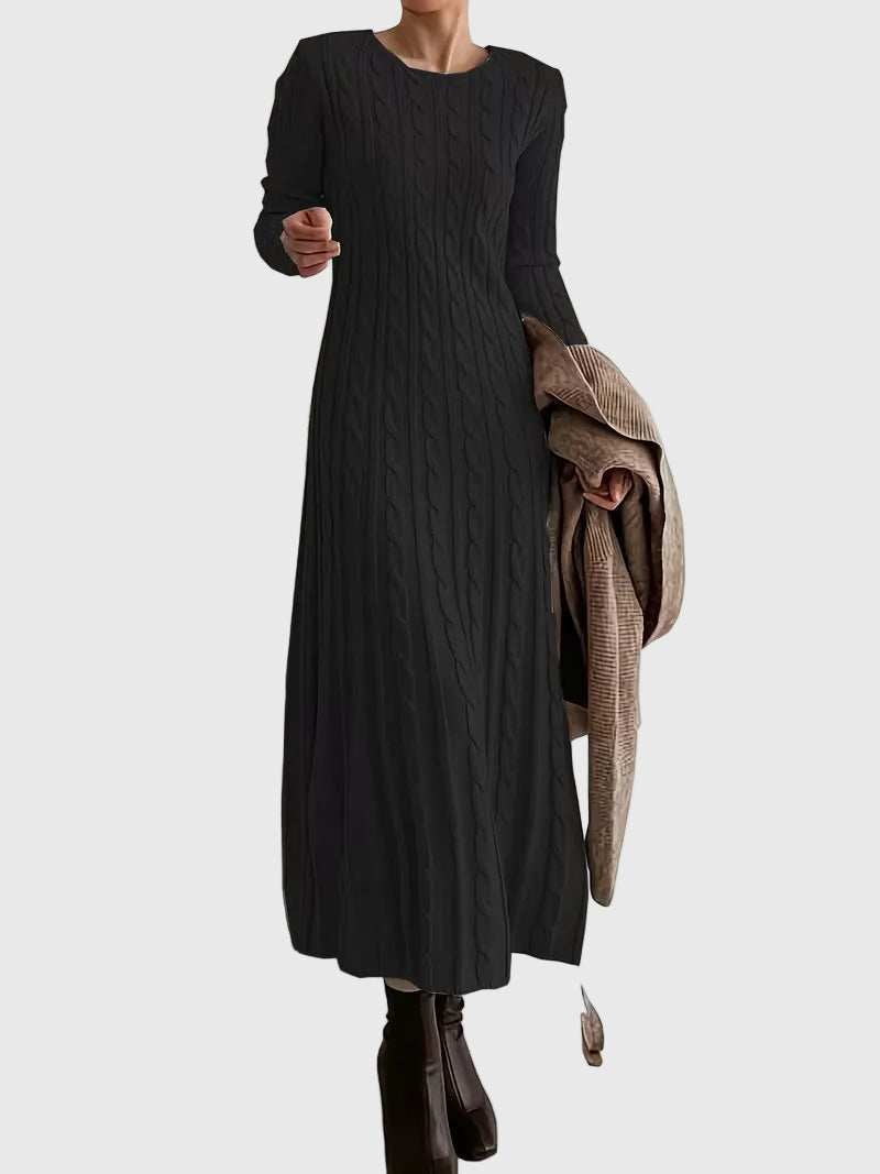 Women’s Knitted Maxi Dress – Cable-Knit Dress with Flared Hem