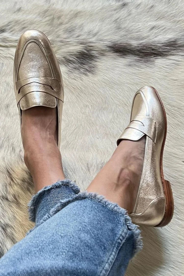 Women’s Gold Loafers – Penny Strap Slip-On Flats
