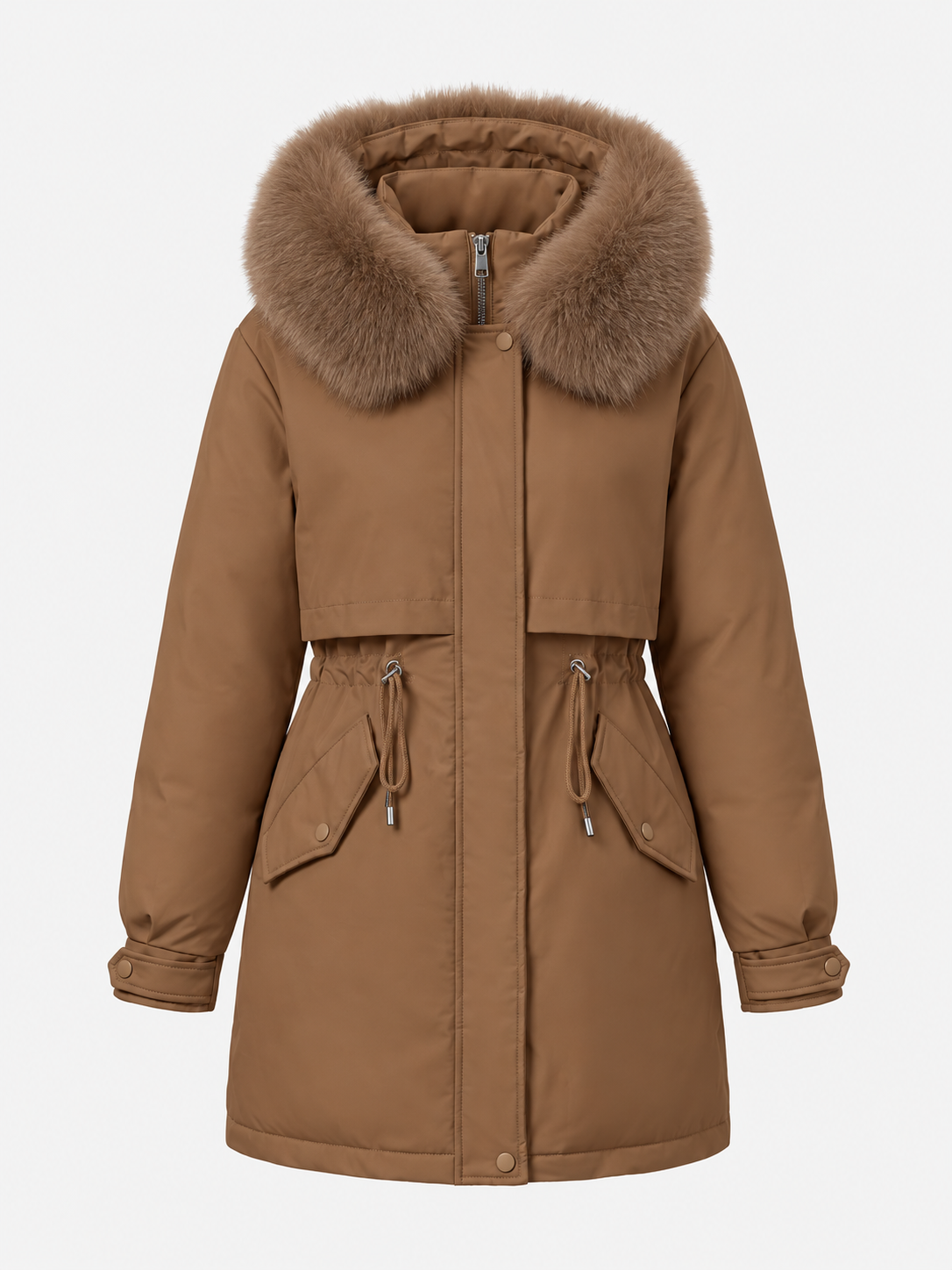 Women’s Faux-Fur Hooded Parka – Drawstring-Waist Winter Coat for Cold Weather