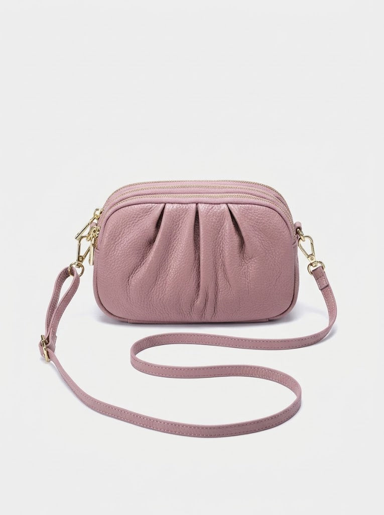 Women’s Genuine Leather Crossbody Bag – Pleated Compact Design with Three Zip Compartments