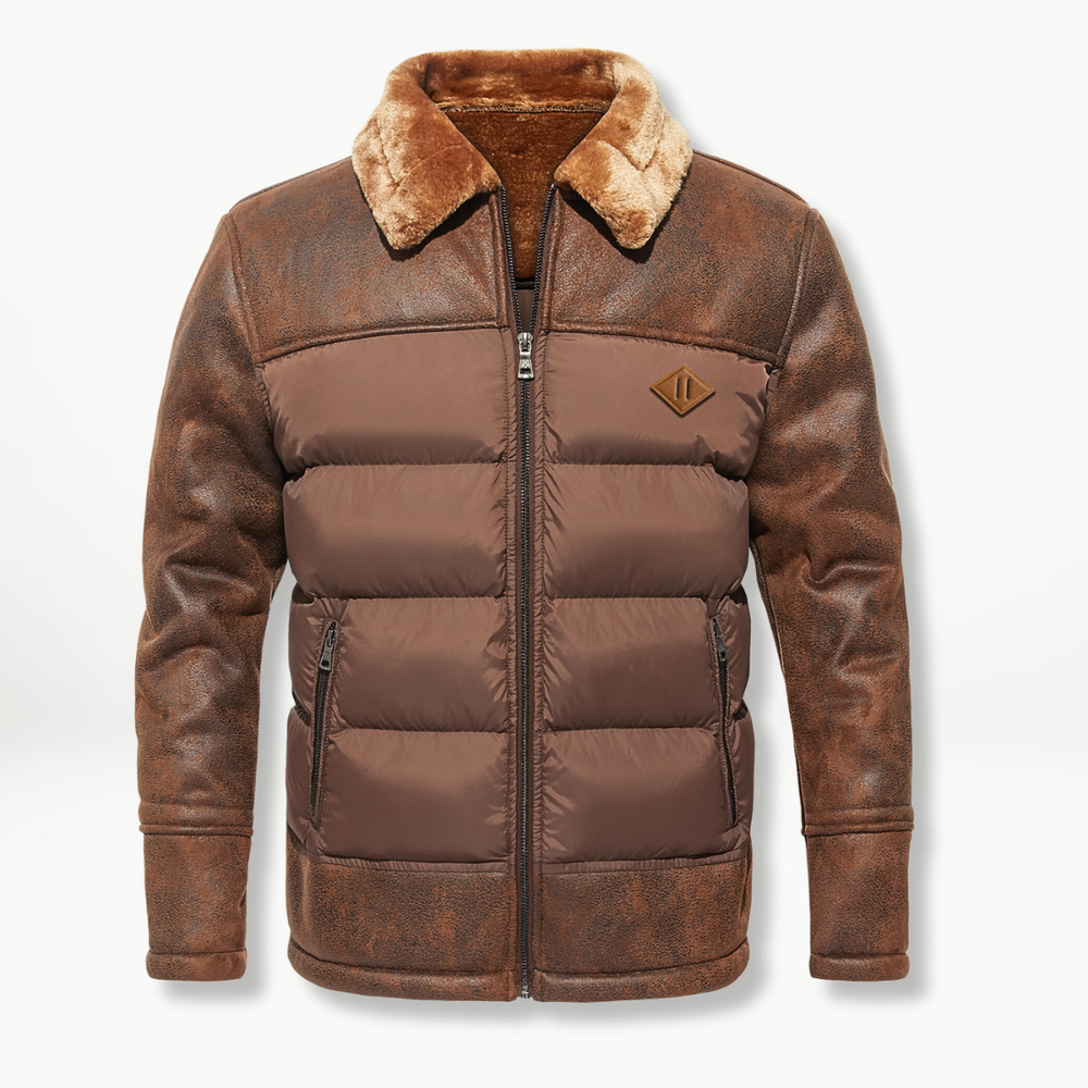 Men’s Leather-Look Panel Puffer Jacket – Plush-Collar Insulated Winter Layer for Smart Casual Cold-Weather Wear