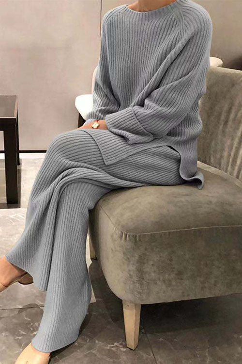 Women’s Knitted Two-Piece Set – Round-Neck Jumper with Wide-Leg Trousers