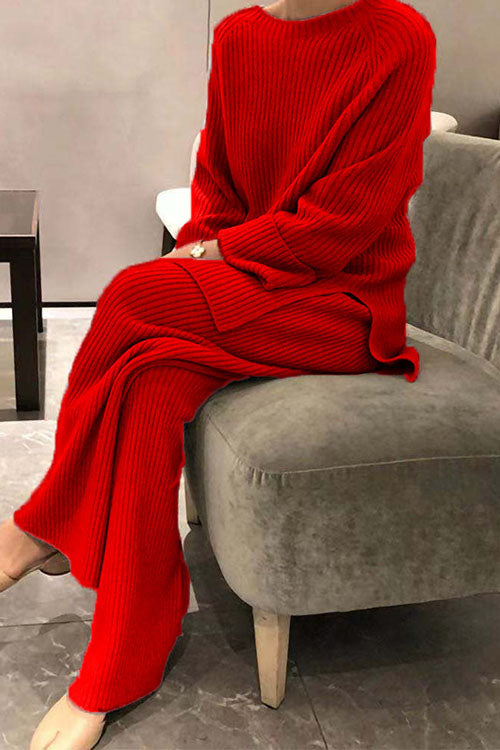 Women’s Knitted Two-Piece Set – Round-Neck Jumper with Wide-Leg Trousers