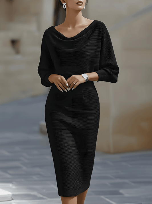 Women’s Cocktail Dress – Midi Dress with Cowl Neck and Ruched Waist