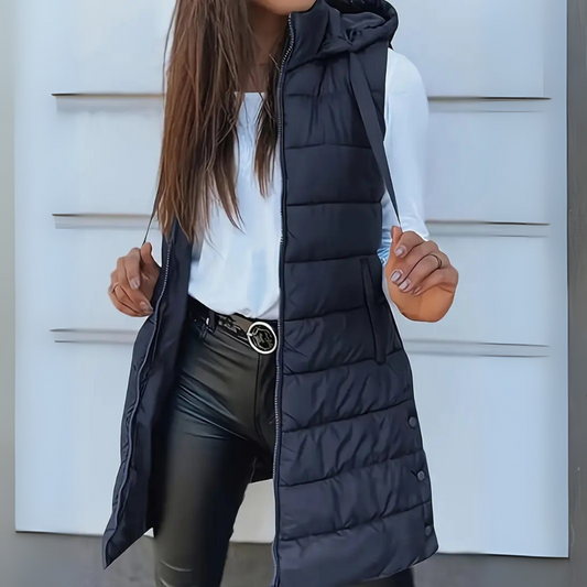 Women’s Longline Quilted Gilet – Hooded Body Warmer with Full-Length Zip