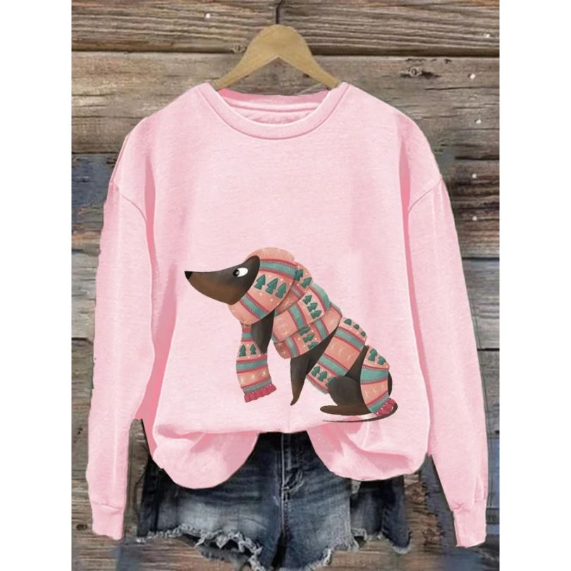 Women’s Dog Graphic Crew-Neck Sweatshirt – Relaxed Casual Pullover for Cool Everyday Wear