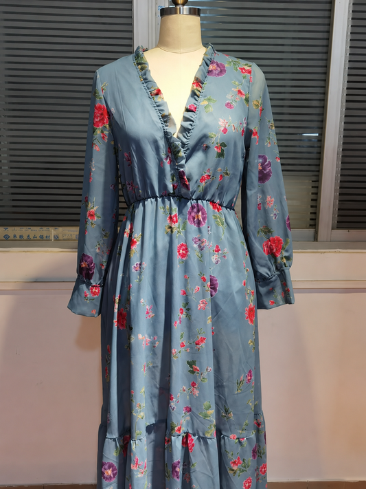 Women’s Printed Ruffle Maxi Dress – Bohemian Summer Style for Holidays and Occasions