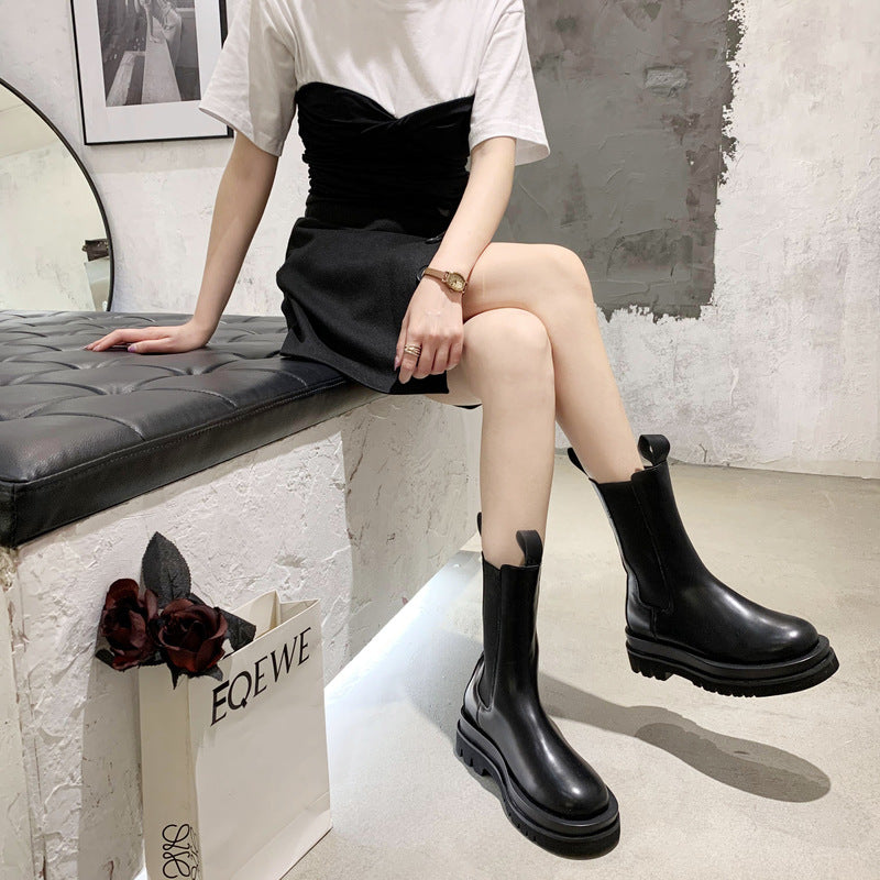 Women's Mid-Calf Chelsea Boots - Thick Lug Sole Pull-On Boot - original product image 5