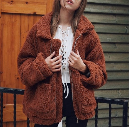 Women’s Teddy Fleece Zip Jacket – Cosy Oversized Layer for Autumn and Winter