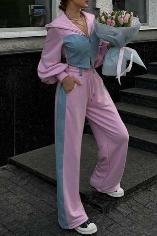 Women’s Hooded Zip Jacket and Wide-Leg Track Pant Set – Contrast Panel Streetwear