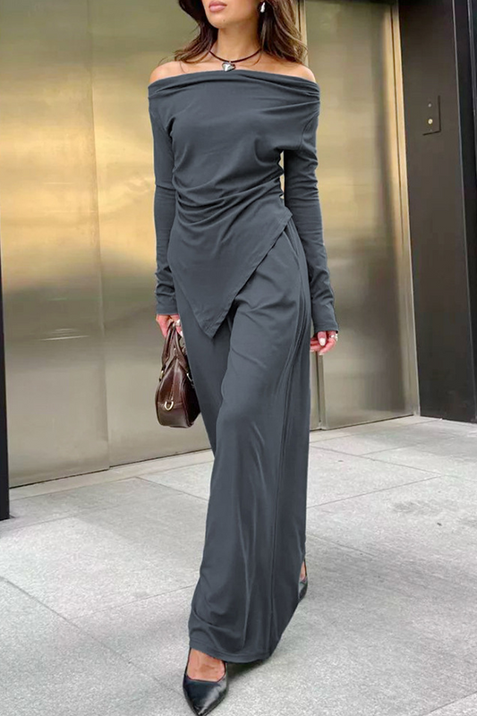 Women’s Off-Shoulder Two-Piece Set – Ruched Long-Sleeve Top with Wide-Leg Trousers for Autumn Streetwear