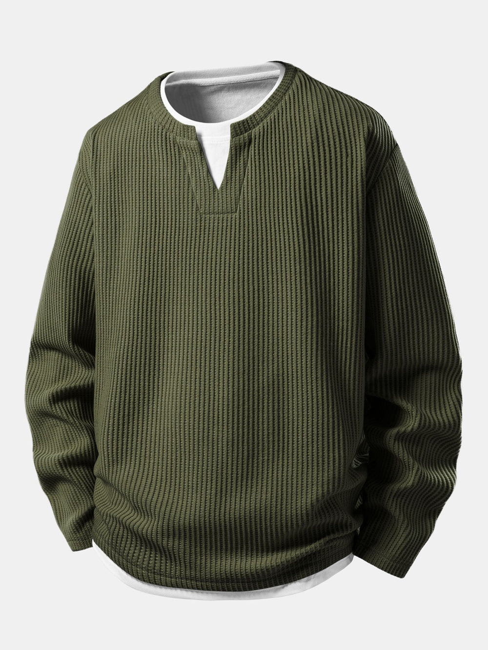 Men’s Waffle Notch-Neck T-Shirt with Built-In Layer – Relaxed Transitional Long Sleeve