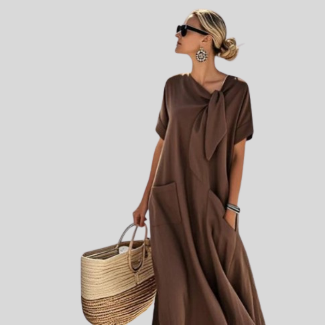 Women’s Relaxed Tie-Neck Midi Dress – Pocket Summer Day Dress for Travel and Casual Wear