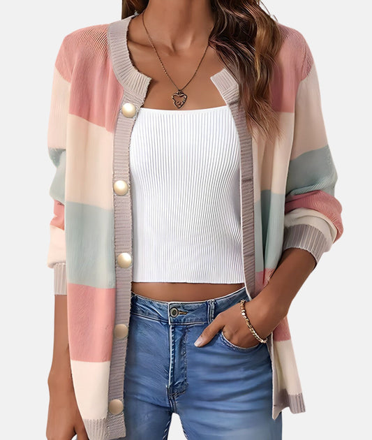 Women’s Colour-Block Button Cardigan – Relaxed Long-Sleeve Knit Layer with Ribbed Trim for Everyday Styling