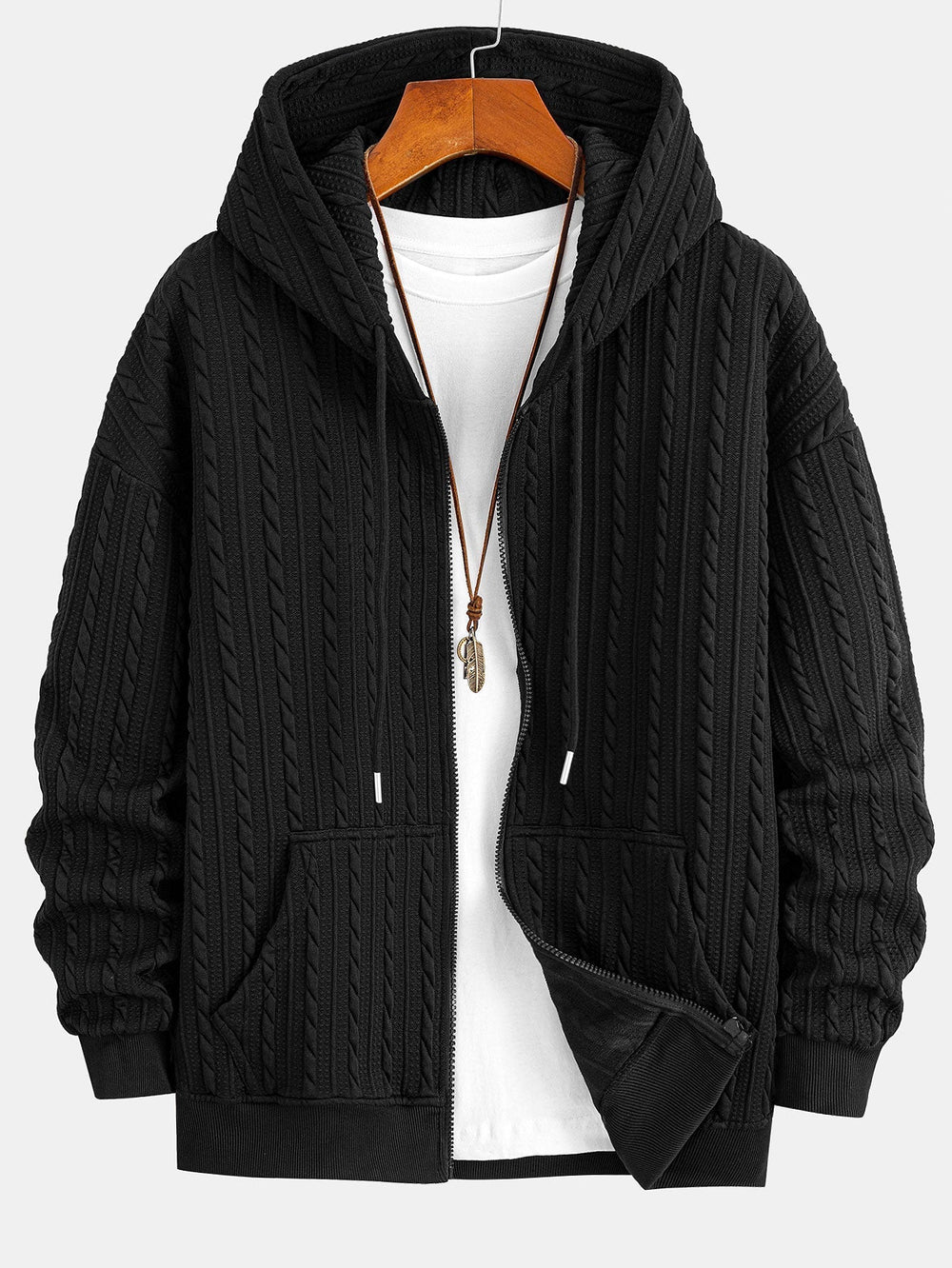 Men’s Textured Zip Hoodie Tracksuit – Jacquard Straight-Leg Set for Cold-Weather Casual Wear