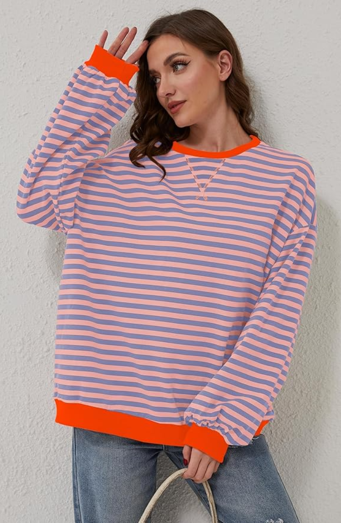 Women’s Striped Oversized Sweatshirt – Relaxed Drop-Shoulder Pullover for Casual Everyday Layering