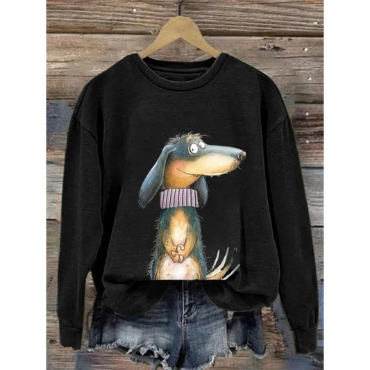 Women’s Dog Graphic Crew-Neck Sweatshirt – Relaxed Casual Pullover for Cool Everyday Wear