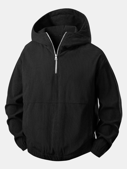 Men’s Corduroy Quarter-Zip Hoodie – Relaxed Textured Pullover for Autumn Layering