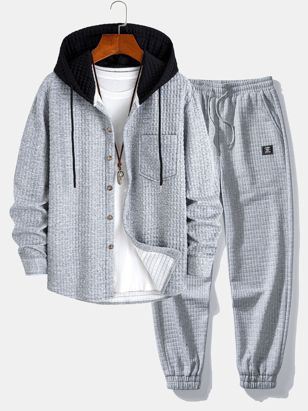Men’s Waffle Hooded Shirt and Jogger Set – Textured Weekend Casualwear