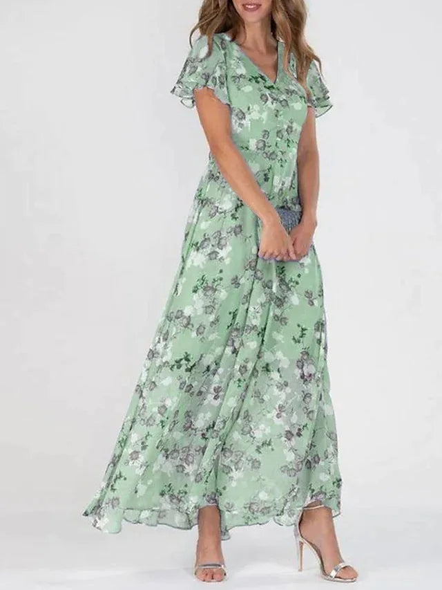 Women’s Printed V-Neck Maxi Dress – Flowing Summer Wedding Guest Style