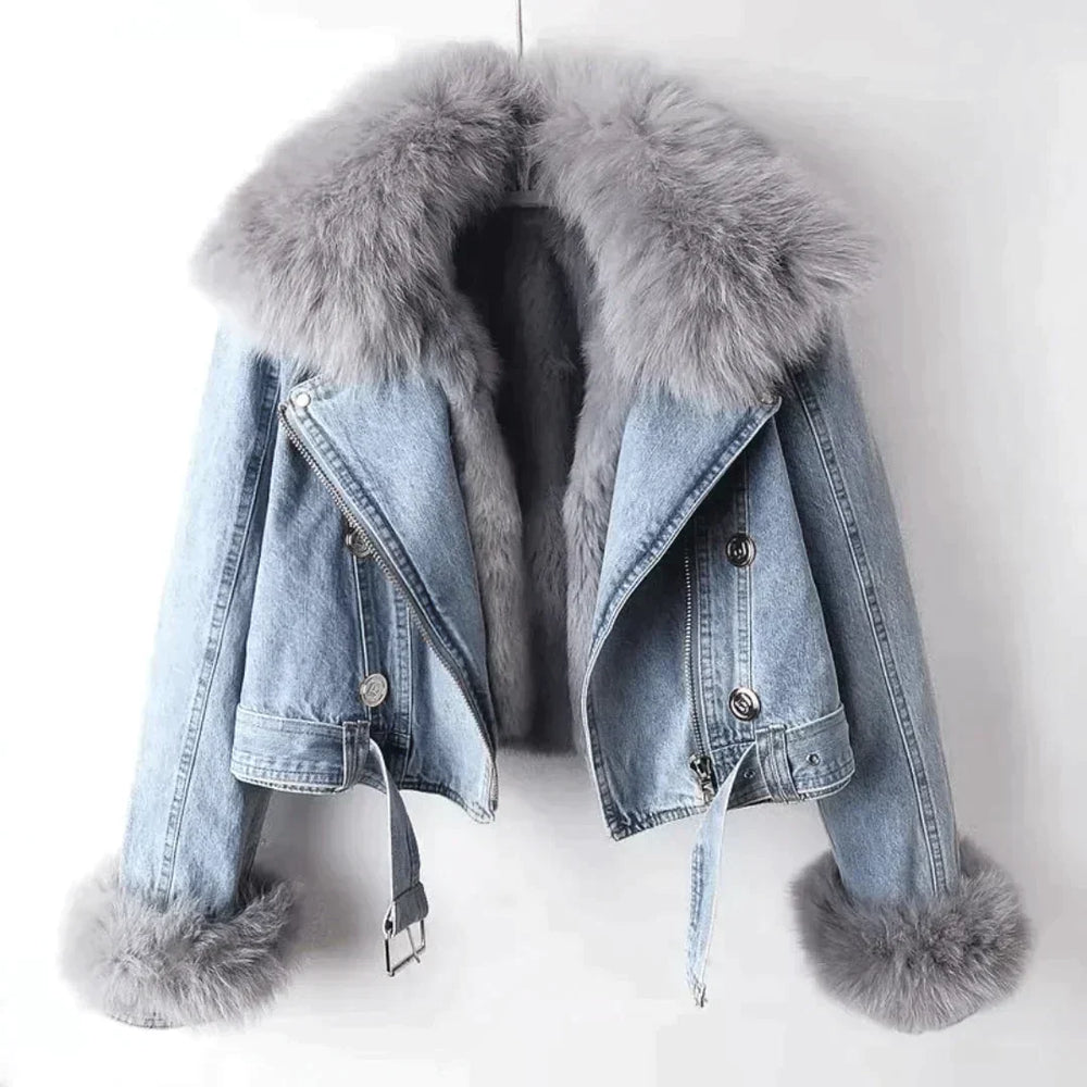 Women’s Faux-Fur Trimmed Denim Jacket – Cropped Winter Layer with Oversized Collar and Plush Cuffs