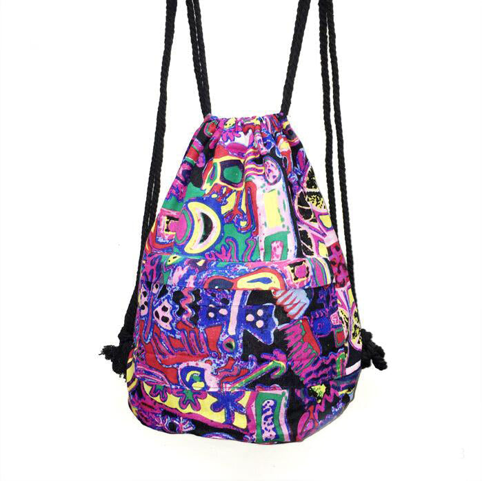 Women’s Printed Canvas Drawstring Backpack – Bohemian Pattern Bag with Rope Shoulder Straps