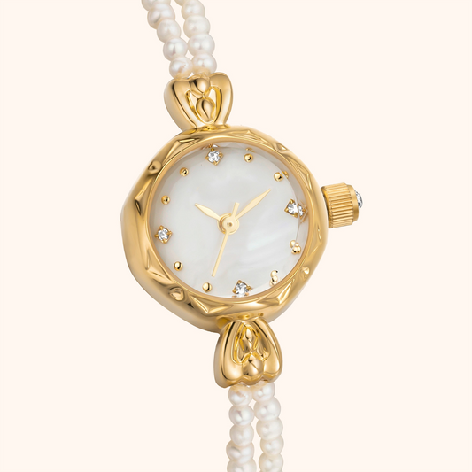Women’s Natural Pearl Quartz Watch – Gold-Tone Round Dial with Double-Strand Pearl Bracelet for Elegant Occasion Wear