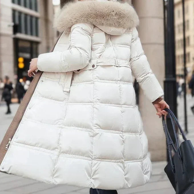 Women’s Belted Long Puffer Coat – Faux-Fur Hooded Quilted Winter Outerwear with Defined Waist and Extended Cold-Weather Coverage