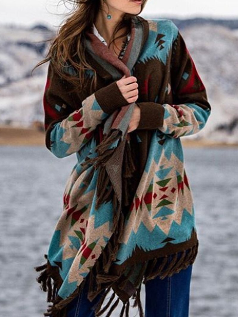 Women’s Patterned Fringed Wrap Cardigan – Relaxed Layer for Cooler Seasons