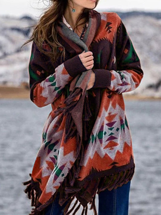 Women’s Patterned Fringed Wrap Cardigan – Relaxed Layer for Cooler Seasons