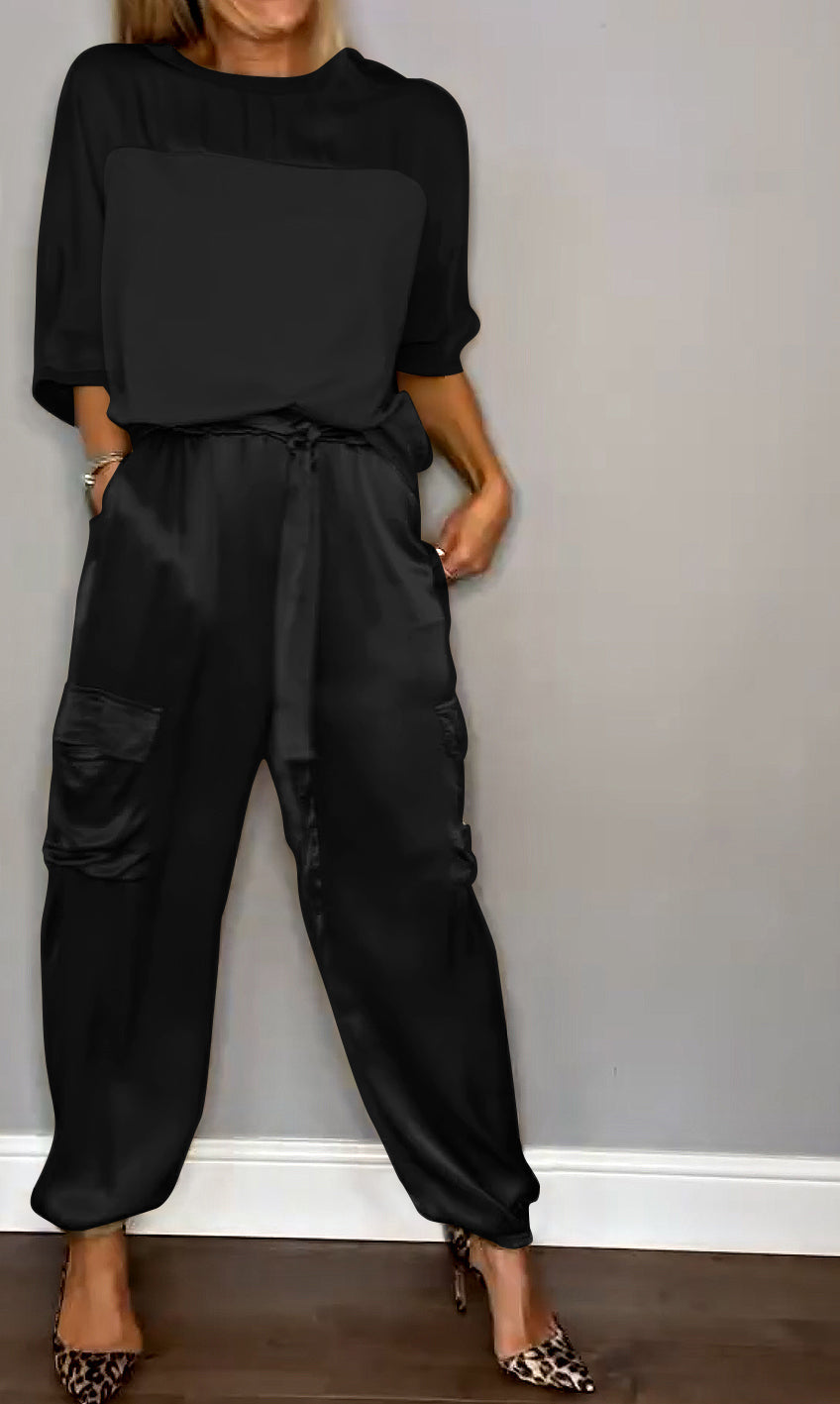 Women’s Relaxed Cargo Trouser Set – Short-Sleeve Top with Drawstring Waist for Smart Casual Wear