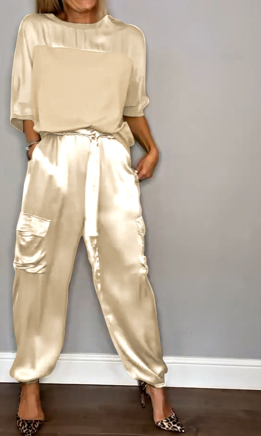 Women’s Relaxed Cargo Trouser Set – Short-Sleeve Top with Drawstring Waist for Smart Casual Wear