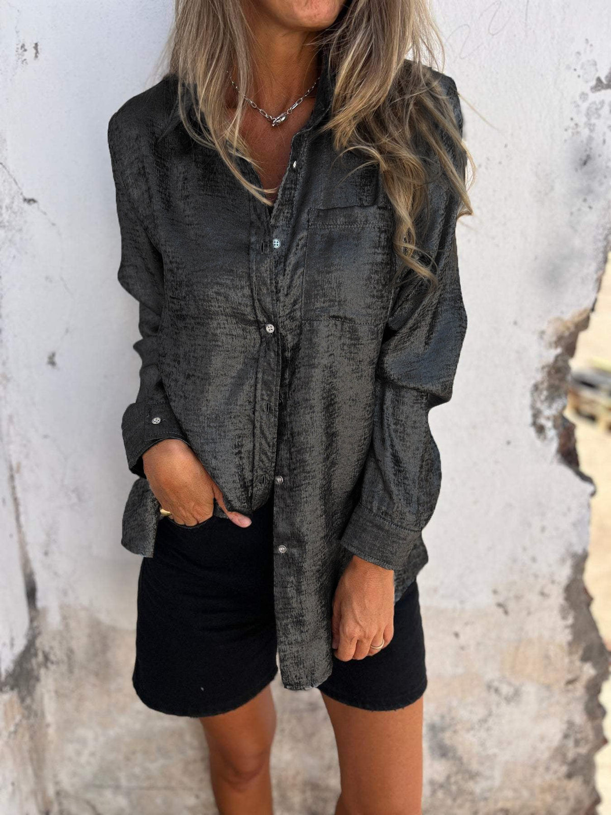 Women’s Metallic Button-Up Shirt – Relaxed Statement Layer for Day-to-Night Wear