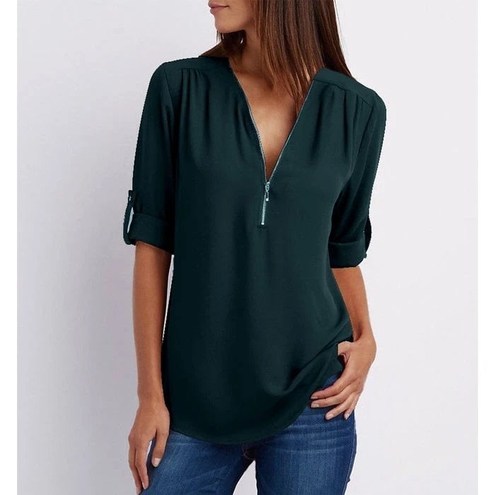 Women’s Blouse – Zip-Neck Flowing Blouse with Roll-Up Sleeves