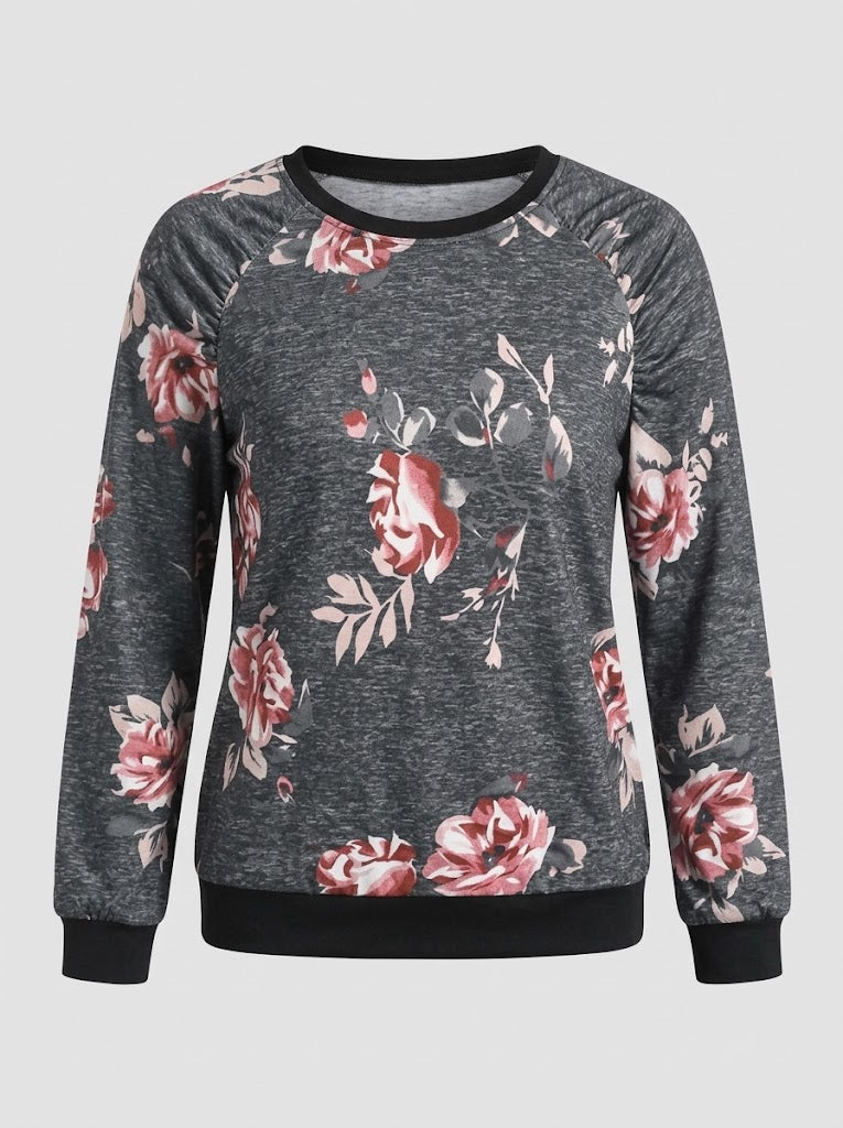 Women’s Rose Print Sweatshirt – Classic Crew-Neck Pullover for Everyday Casual Styling