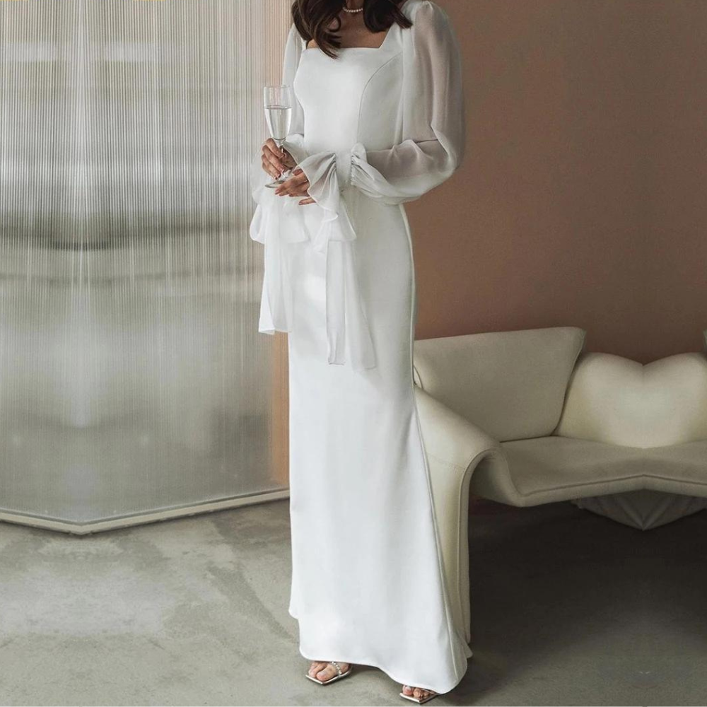 Women’s Square Neck Maxi Dress – Sheer Sleeve Wedding Guest Style