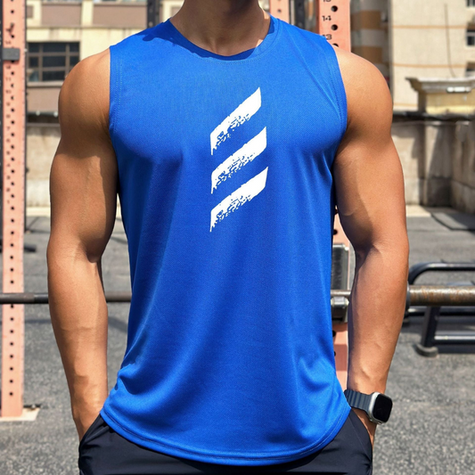 Men’s Performance Sleeveless Sports Top – Lightweight Crew-Neck Training Tank with Graphic Front Detail