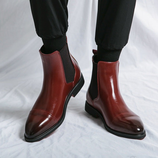 Men’s Polished Chelsea Boots – Pointed-Toe Ankle Design with Elastic Side Panels and Low Heel
