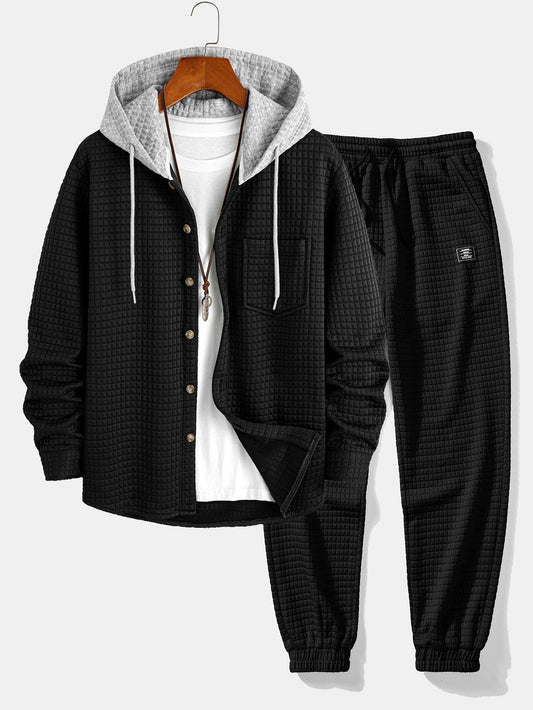 Men’s Waffle Hooded Shirt and Jogger Set – Textured Weekend Casualwear