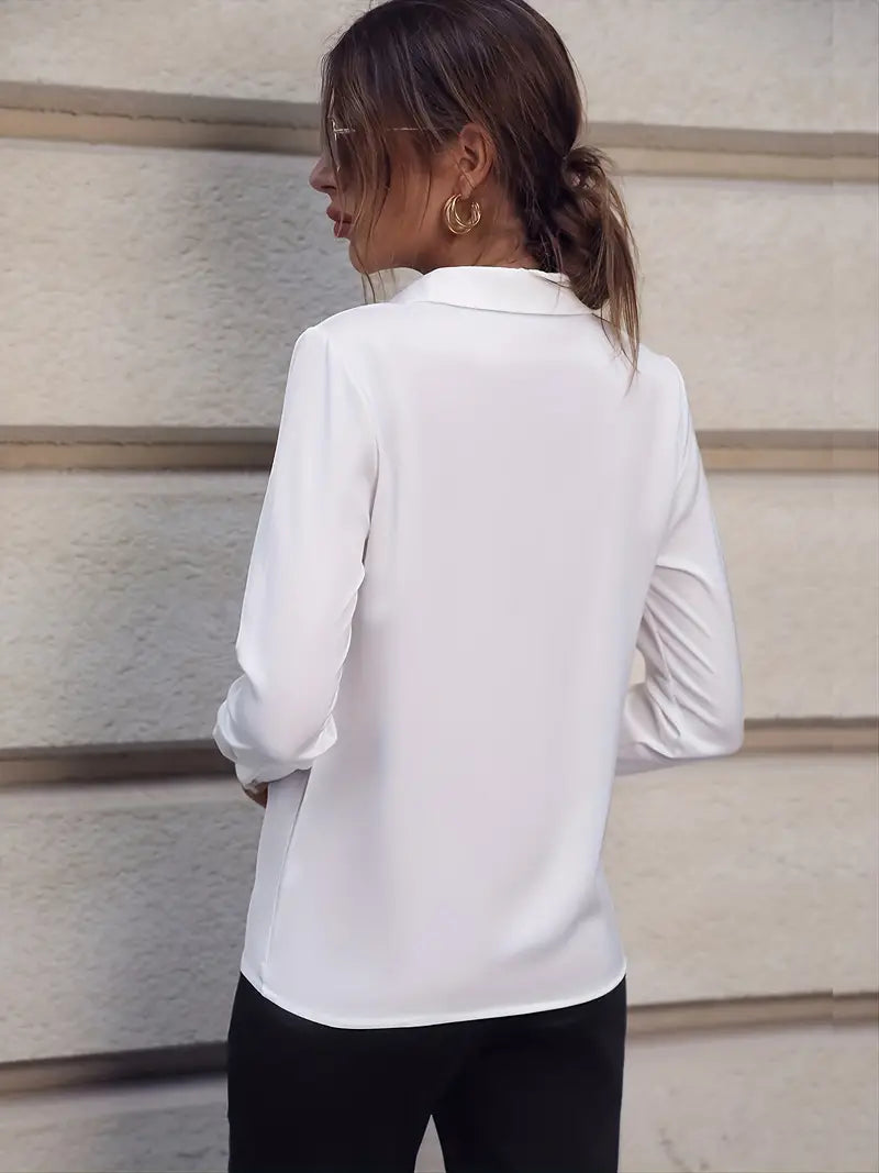 Women’s Collared V-Neck Blouse – Polished Long-Sleeve Style for Office and Smart Casual Wear