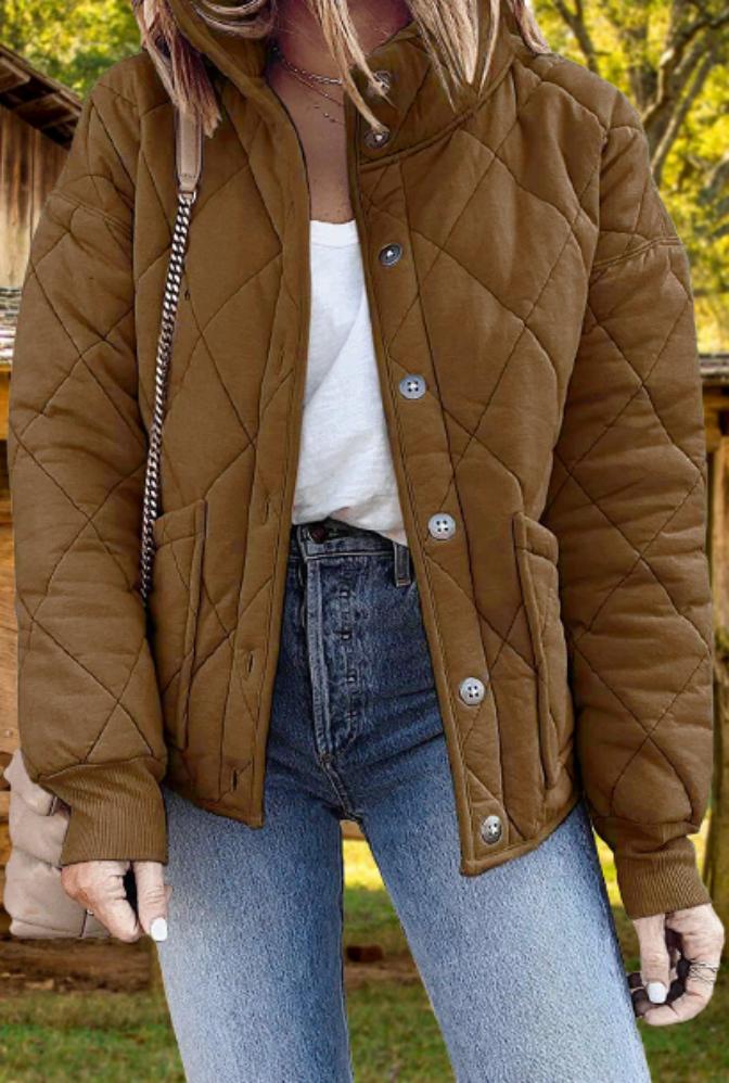 Women’s Diamond-Quilted Padded Jacket – Warm Button-Front Layer for Cooler Seasons