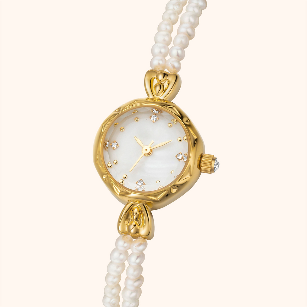 Women’s Natural Pearl Quartz Watch – Gold-Tone Round Dial with Double-Strand Pearl Bracelet for Elegant Occasion Wear
