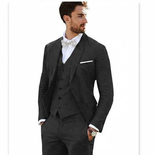 Men’s Tailored Linen Suit Set – Slim Three-Piece Style for Weddings and Formal Events